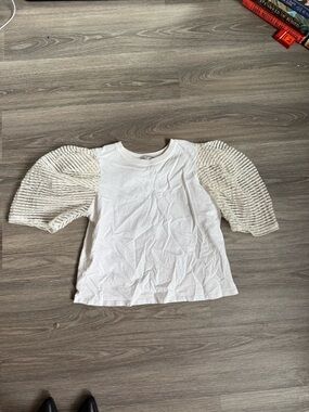 Zara White Tee with Cream Textured Puff Sleeves